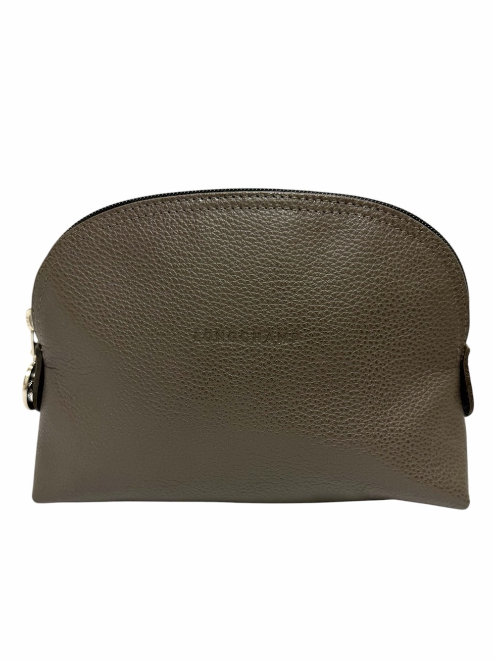 Longchamp Le Foulonné Pebbled Leather Zipper Pouch Bag Travel Makeup Gray Taupe